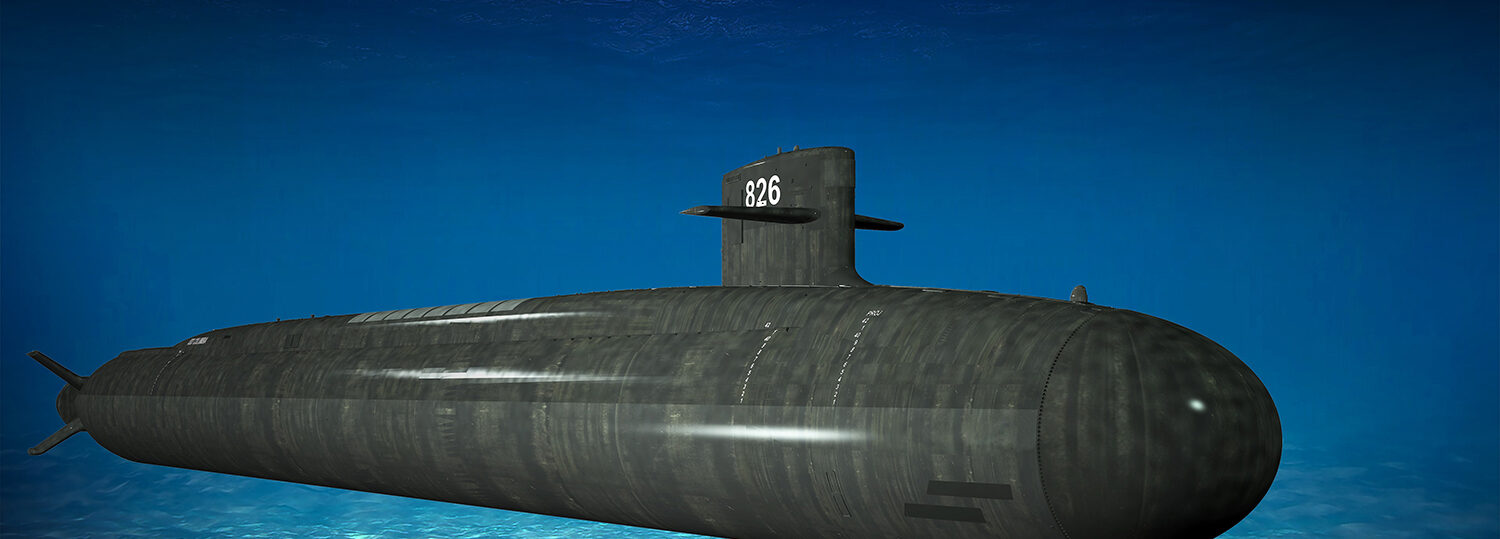 Artist rendering of a Columbia-class submarine underwater. Vessel is dark gray surrounded by a varying shade of blue to mimic water.